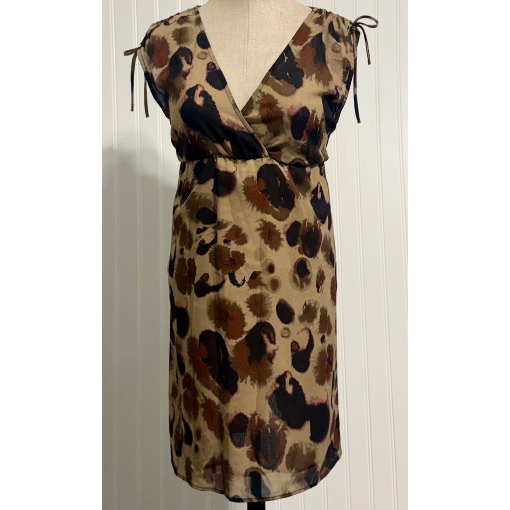 Vintage Y2K Glam Animal Print Babydoll Mini Dress Sheer Tie Sleeve Brown S Indie